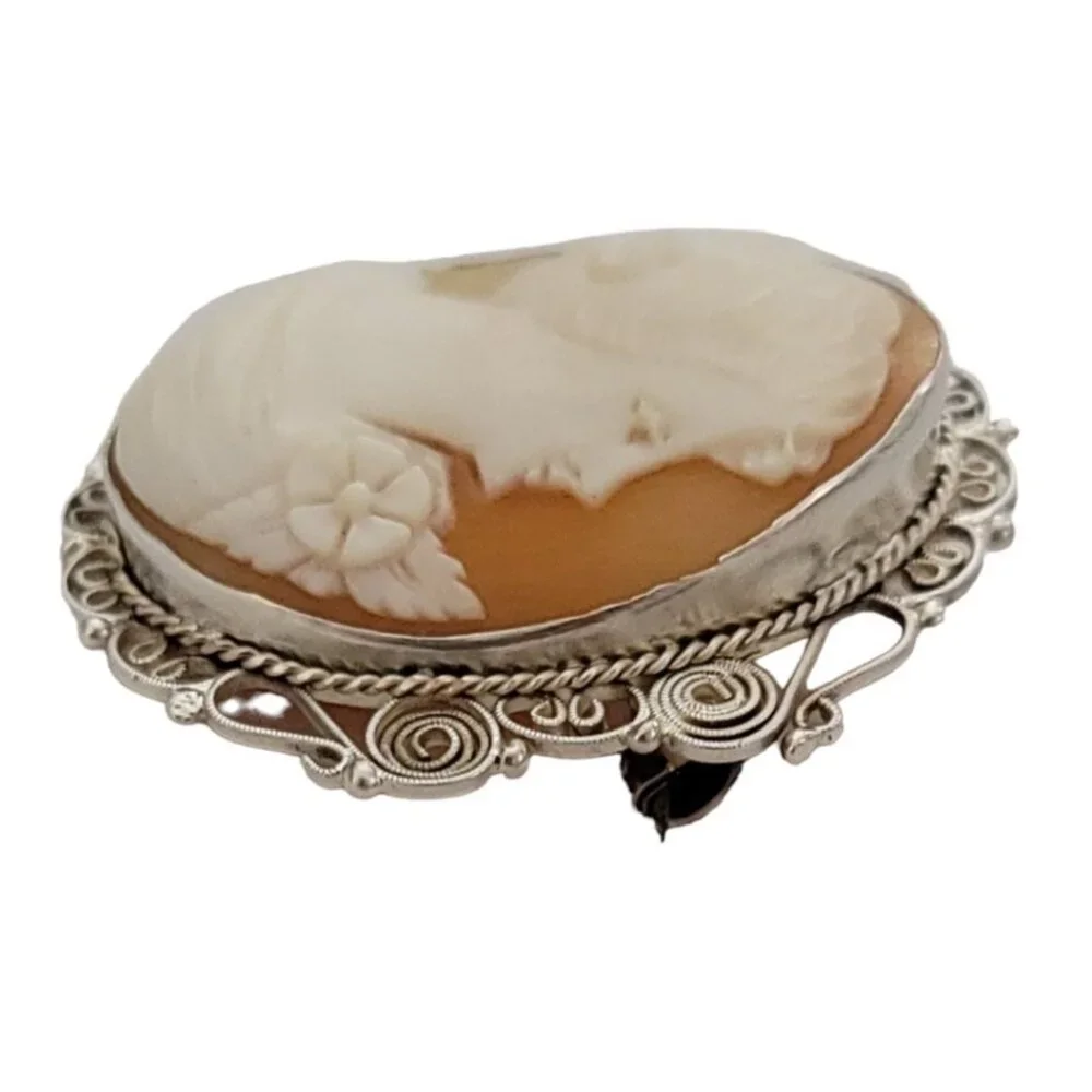 800 Sterling Silver Carved Shell Cameo C-Clasp Brooch Pendant K91 - Picture 3 of 11